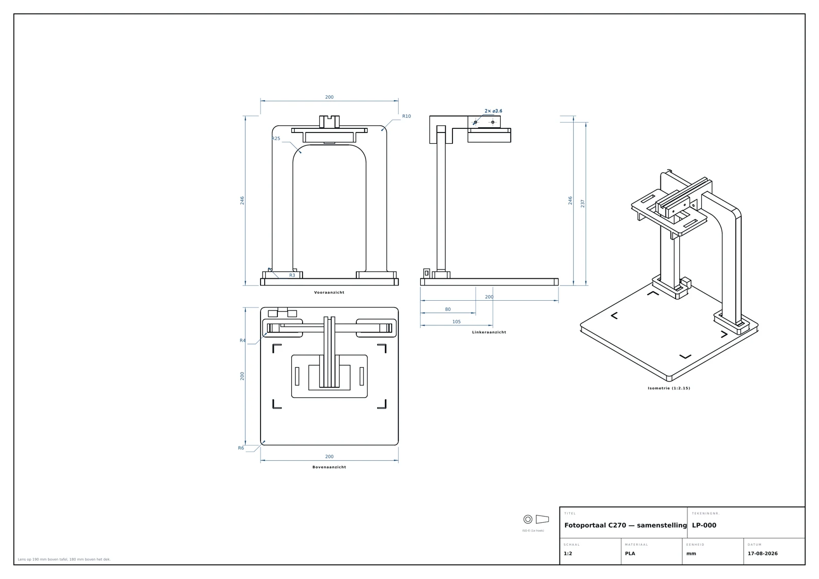 Technische tekening van de samenstelling in eerste-hoekprojectie