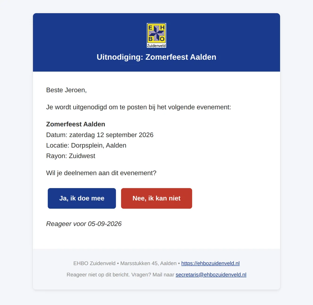Uitnodigingsmail met logo, evenementgegevens en een accepteer- en weigerknop